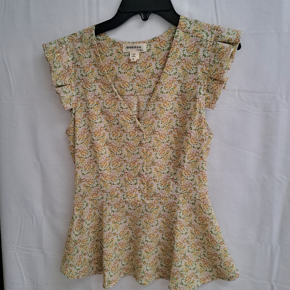 Monteau Los Angeles Womens Small Floral Peplum Blouse Flutter Sleeve V-Neck Top